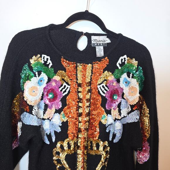 Vtg Artsy Embellished Sweater Women's Large Silk Angora Knit Black Floral Sequin - Picture 2 of 6